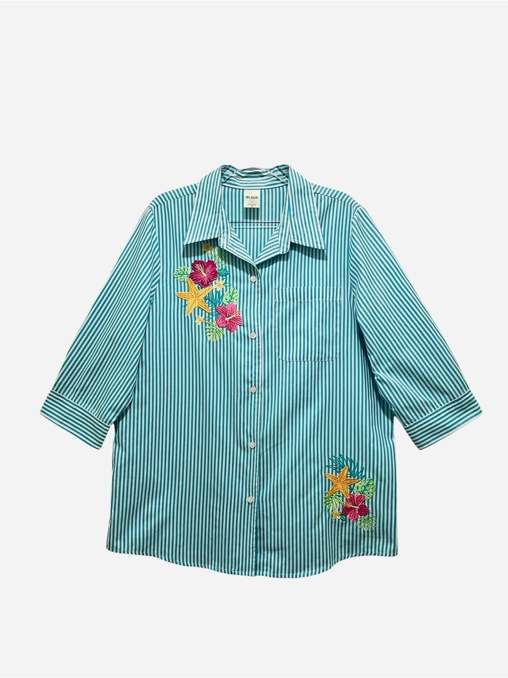 Vtg Blair Teal White Sz M Striped Button Up Shirt Embroidered Tropical Coastal
